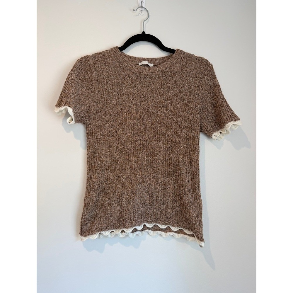 Zara Women's Knit T-shirt, Contrasting Piped Edges, Textured Design, Size M